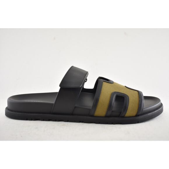 Hermes Chypre Sandal Mens Black Olive Green Canvas Cargo H Logo Slide Flat 45 12 - Picture 2 of 16